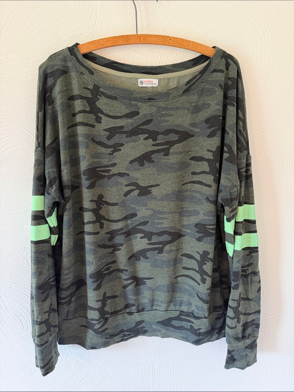 Sundry Olive Green Camo Pullover With Neon Striped Sleeves.